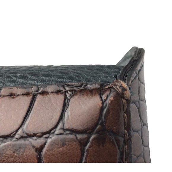 Faux Leather Tote Dark Green Brown Alligator Pattern Handbag Purse 2 Section - Picture 8 of 11